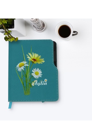Kişiye Özel Papatya Temalı Turkuaz Termo Deri Defter-11