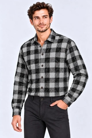 Hazego Erkek Ekose Kareli Batik Yıkamalı Şardonlu Uzun Kollu Regular Fit Oduncu Gömlek - Siyah