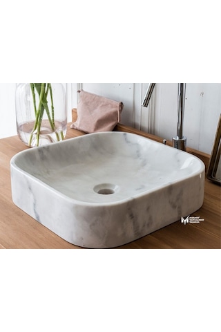 Afyon Beyaz Mermer Oval Dizayn Kare Lavabo