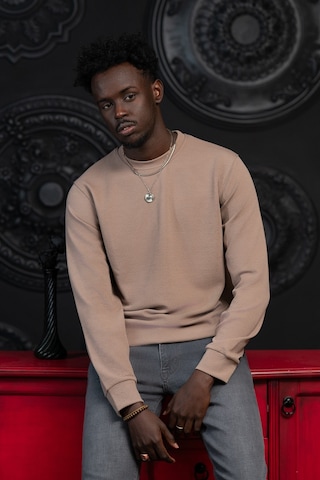 Dorss Regular Fit Armürlü Bisiklet Yaka Likralı Mevsimlik Sweatshirt Kahverengi