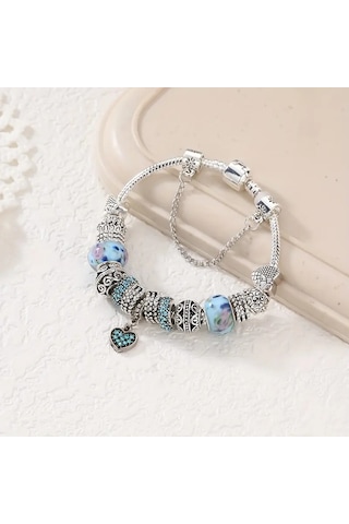 Trend Kalp Aşk Temalı Mavi Charm Bileklik, Ahşap Kutu İçerisin