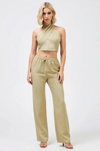 Benerly Kadın Alt Üst Keten Görünümlü Dokuma Crop Bluz Geniş Paça Pantolo Açık Haki