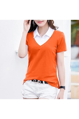 Turuncu Pamuk Yaz Yeni Kısa Kollu Kadın Gömlek Kadın Sahte Iki Kadın Ince Turn Down Yaka Gömlek Za Tops Turuncu