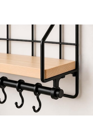Duvara Asılabilir Yapışkanlı Raf Ve 6 Kancalı Organizer, Ahşap Raflı Metal Mutfak Düzenleyici, Delmeden Monte Edilebilir Askılı Duvar Rafı, Baharatlık, Havluluk, Bardaklık 50 x 22
