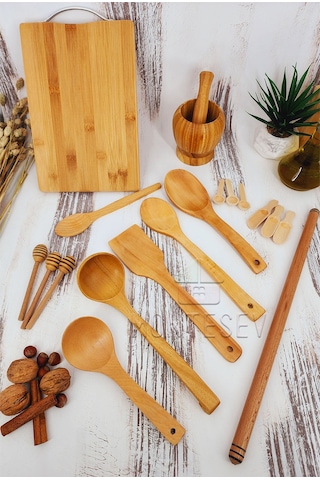 Ahşap Tahta Mutfak Kaşık Seti 18 Parça Kayın, Şimşir Ağacı 18-1