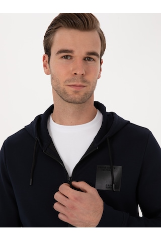 Lacivert Regular Fit Pamuk Karışımlı Tam Fermuarlı Sweatshirt
