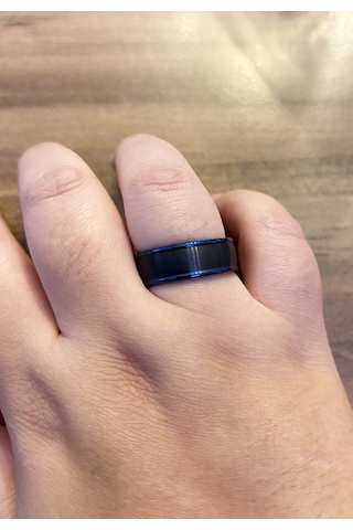 Erkek Siyah Renk Mavi Detay Tungsten Yüzük Siyah - Mavi