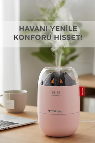 H16 Pembe Odun Ateşi Efekli Hava Nemlendirici Buhar Makinesi 280ml Led Işıklı Sessiz Çalışma (İthalatçı Garantili)