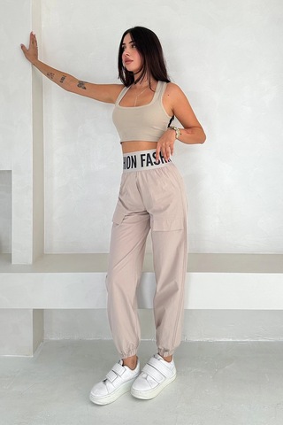 Beli Lastikli Fashion Pantolon Krem Krem