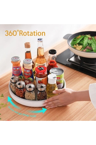 Hfambition 360 Döner Baharatlık Rafı - Paslanmaz Çelik Toplu, Kaymaz Yüzeyli, 25cm Çap, Beyaz + Gri Beyaz