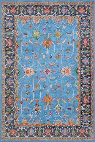 Cool Halı Beylerbeyi By 845 Mavi Halı Çiçek Desenli Otantik Ev Salon Halısı Yıkanabilir Şönil Halı