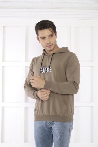 Escetic Spor Erkek Haki Cepli, Kapüşonlu Sweatshirt-4166