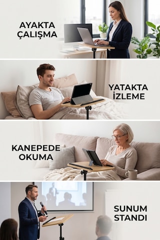 Ayarlanabilir Laptop Sehpası Esnek Tasarım, Yükseklik Ayarlı Çalışma Ve Yan Sehpa Masası Açık Meşe