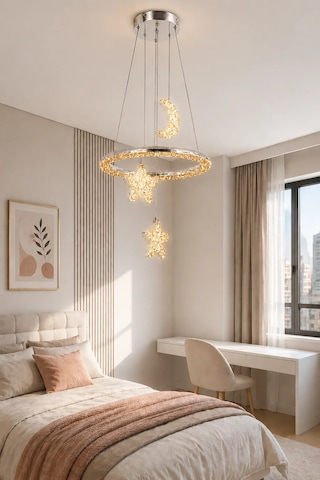 Modern Premium Gold Ay Yıldız 3 Renkli Ledli Sarkıt Avizesi Çocuk Genç Bebek Odası Modelleri 84w
