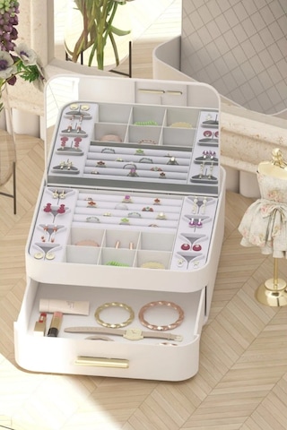 Decorev Aynalı Çok Bölmeli Çekmeceli Makyaj Takı Organizer Krem