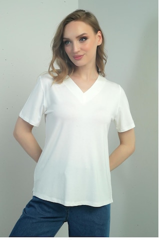 By Saygı Kadın V Yaka Yırtmaçlı Kısa Kol Bluz-40643 Ekru