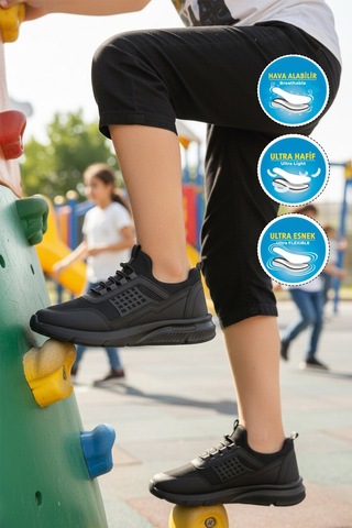 Walkway Siyah Füme Fileli Hafif Esnek Unisex Çocuk Spor Ayakkabı 9060 Motano F Siyah-füme