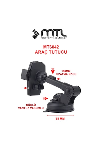 Otomatik Kilitli Teleskopik Kol Araç İçi Telefon Tutucu Dayanıklı Ve Güçlü Vantuz 360 Döner Mt6042 Siyah