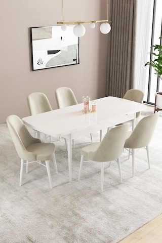 Sar Pakete Almira Serisi, Beyaz 80x132 Açılabilir Mdf Mutfak Masası Takımı 6 Adet Sandalye Krem