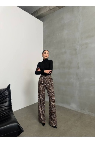 Premium Leopar Desenli Palazzo Pantolon Yüksek Bel, Oversize Bej