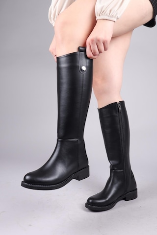 Terıga Düğme Aksesuarlı Düz Çizme Siyah-8460 Siyah