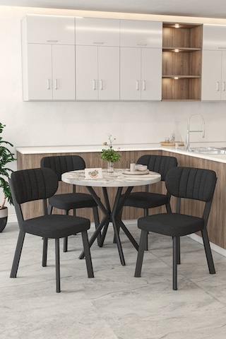 Gnr 90cm Sabit Efes Mutfak Masası Takımı, Yemek Masası, 4 Modern Siyah Sandalye Siyah