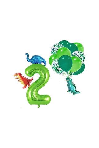 2 Yaş Dinazor Set Rakam Folyo, 3 Adet Mini Dinazor Ve 10 Lu Balon