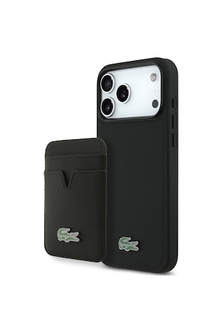 Apple Uyumlu iPhone 17 Pro Max Kılıf Lacoste Lisanslı M-safeli Pu Pike Desenli Metal Logo Kartlıklı Kapak Siyah Siyah