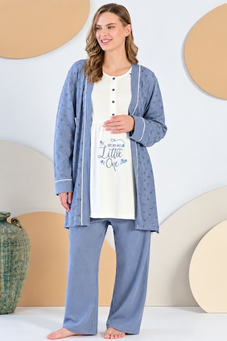 Feyza 3 Lü %100 Pamuk Uzun Kol 5408 Hamile Lohusa Pijama Takımı Mavi