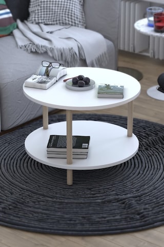 Yuvarlak Orta Sehpa Ahşap Ayaklı Sehpa Iki Raflı Sehpa Dekoratif Sehpa Gazetelikli - Beyaz - 60cm Beyaz