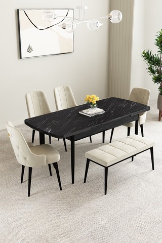 Mabel Siyah Mermer Desen 80x132 Açılabilir Yemek Odası Takımı 4 Sandalye, 1 Bench Krem