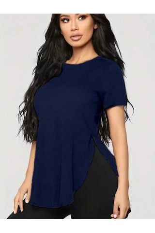 Kadın Türlü Viskon Kumaş Yırtmaç Detaylı Bluz Lacivert