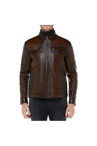 Dericlub Arthur Erkek Dik Yaka Slim Fit Gerçek Deri Mont Camel Antik
