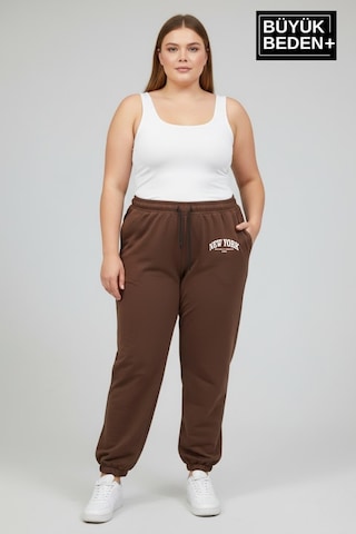 Süperlife Kadın Büyük Beden New York Paça Lastikli Rahat Kesim Jogger İnce Eşofman Altı Spr26beak951-5 Kahverengi