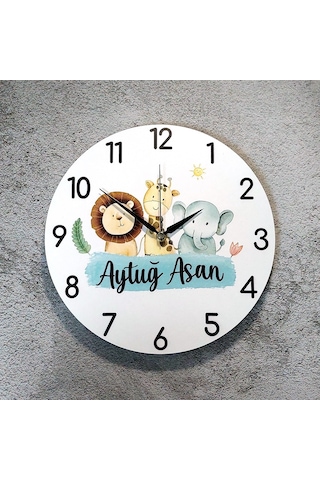 Cajuart İsme Özel Sevimli Hayvan Figürlü Çocuk Odası Duvar Saati Beyaz