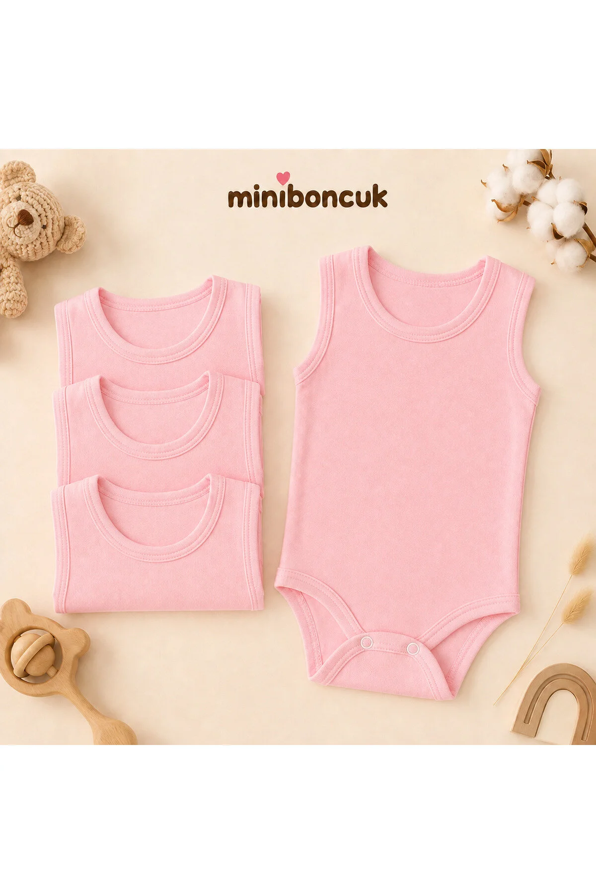 Mini Boncuk %100 Pamuk 4 Lü Pembe Askılı Bebek Body Atlet Seti