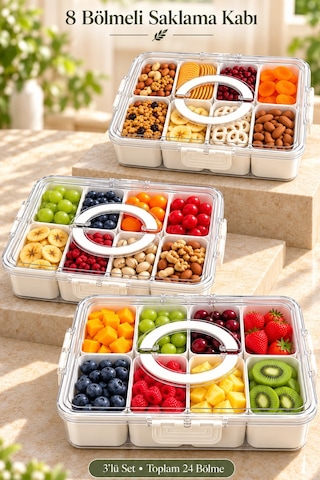 Tilbe Home 3lü 8 Bölmeli Kahvaltı Takımı Kilit Kapaklı Taşınabilir Saklama Kabı Organizer Piknik Set Beyaz