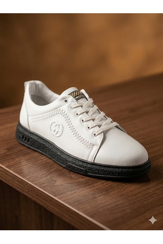 Baloğlu 1980 Beyaz-siyah Hakiki Deri Günlük Erkek Sneaker Ayakkabı Beyaz