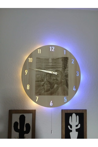 Kişiye Özel Fotoğraflı Ahşap Duvar Saati Led Işıklı Açık Ahşap