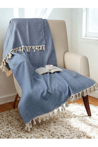 %100 Pamuk Koltuk Örtüsü - Çok Amaçlı Koltuk Şalı, Pike, Piknik Örtüsü-170x220cm Mavı Mavi