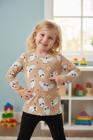 Baykuş Desenli Kız Çocuk Pijama Takım Kahverengi