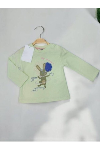 Kız Bebek Tavşan Baskılı Pamuklu İnce Uzun Kollu Bluz-14900 Yeşil