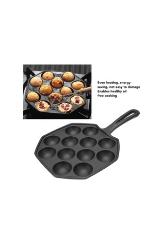 Pazly 12 Gözlü Dökme Demir Takoyaki Tavası, Yapışmaz Yüzey, Sağlıklı Yağsız Pişirme, Siyah Siyah