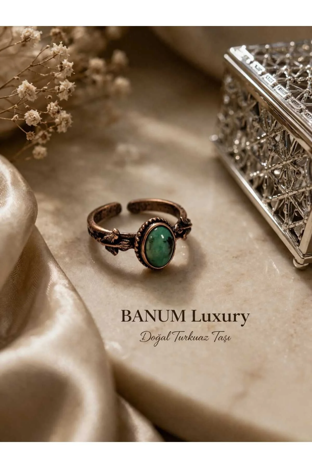 Banum Luxury Zarif El İşi Turkuaz Fıruza Doğal Taş Bakır Yüzük