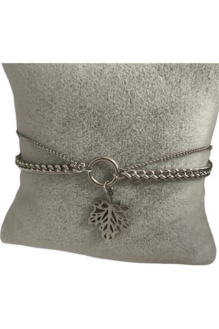 Çelik Çift Zincirli Yaprak Detaylı Gümüş Renkli Kararmaz 17+5 Boy Kadın Bileklik Çelik