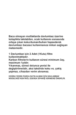 P 122 Ytı 8808861100 Gömme Aspiratör Davlumbaz Karbon Filtre Bacasız Kullanım Kömür Filtresi