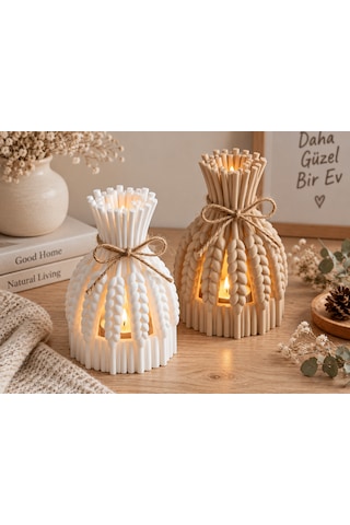 Başak Dekoratif Desenli Tealight Mumluk Feneri Bej