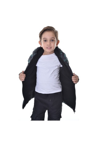 Erkek Çocuk Siyah Yeşil Dijital Desen İçi Polar Su Ve Rüzgar Geçirmez Kapüşonlu Şişme Kışlık Mont Siyah - Yeşil