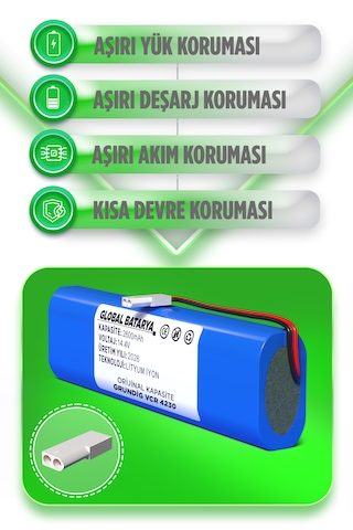 Grundig Vcr 4230 Uyumlu Robot Süpürge Bataryası 14.4v 2600mah Li-ion Pil  Kapasite