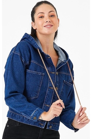 7004-kps Kadın Kapüşonlu Düğmeli Jeans Denim Kot Ceket Siyah